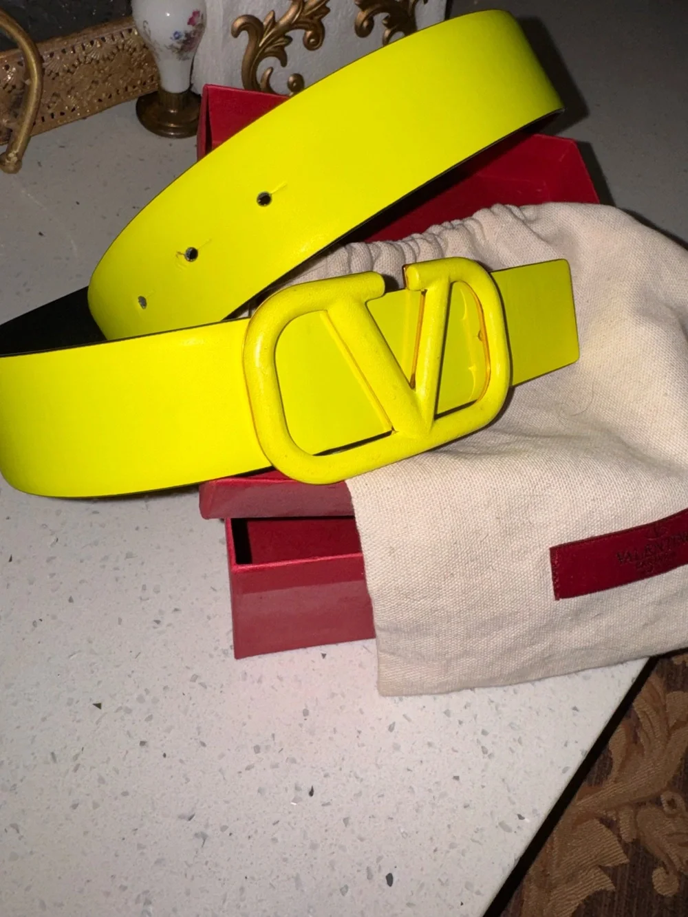 Valentino Garavani Reversible Neon Yellow V Logo Leather Belt Fluo
